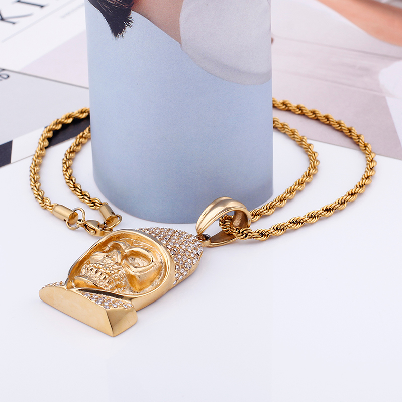 Vitage Exaggeration Skeleton Pendants Necklace Men's Hip Hop 316L Stainless Steel Cubic Zirconia Setting 18K Gold Plated Jewelry