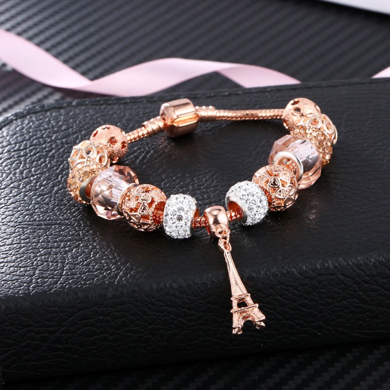 Rose Gold Crystal Glass Perforated Bead Tower Bracelets Fashion Brand Charm Bracelet Women Jewelry Wholesale