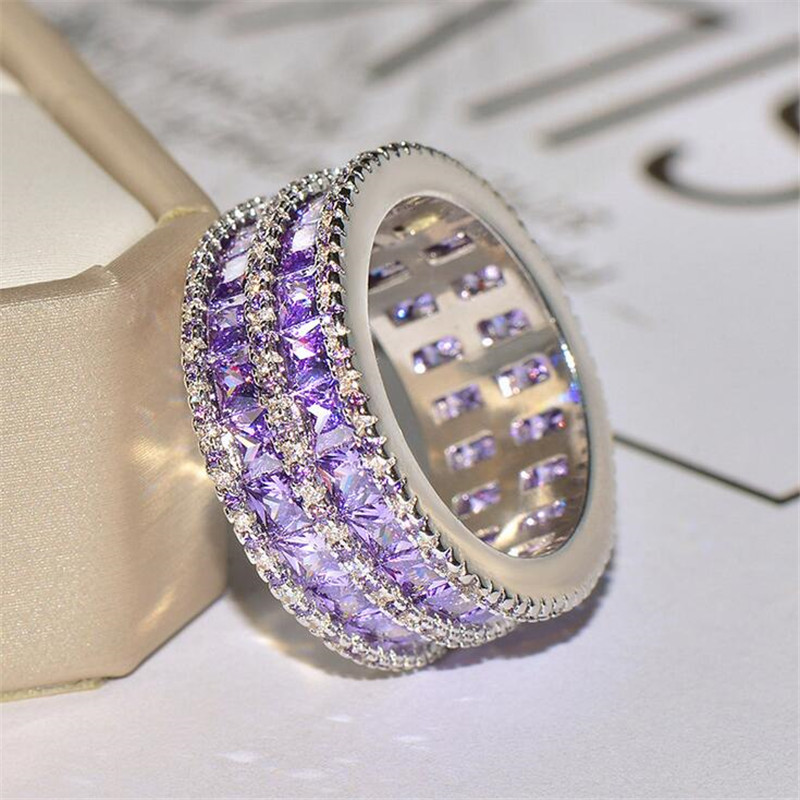 Handmade Fine Jewelry 925 Sterling Silver Double Princess Cut Amethyst Gemstones Party Women Wedding Engagement Band Ring For Lovers' Gift