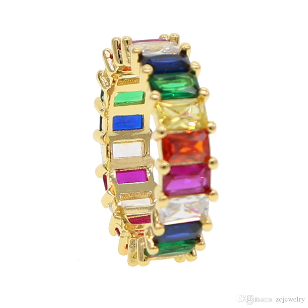 New women rainbow color engagement band rings for women Luxury gorgeous european lady jewelry paved full cz eternity bands ring