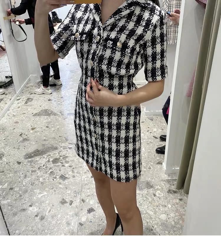 2020 Spring Summer Short Sleeve Notched-Lapel White Black Plaid Print Tweed Buttons Short Mini Dress Women Fashion Dresses W1815062
