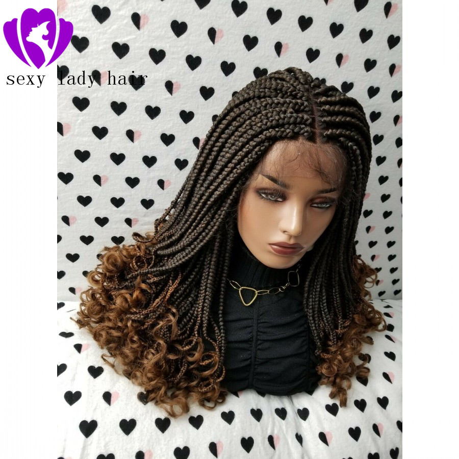 

Fashion black women braid style 1/30 ombre brown Braided Wig middle part Box Braids Swiss Lace Front Wig With Curly Ends, Blue