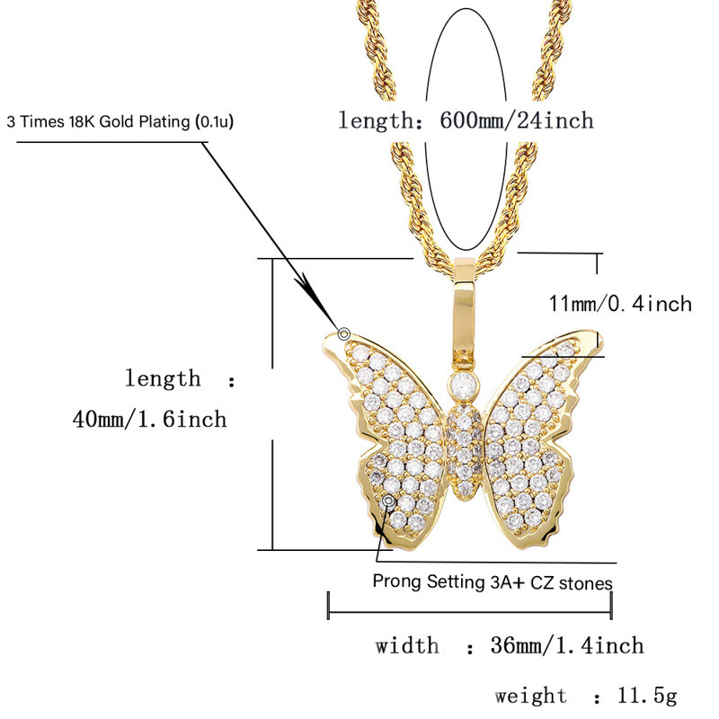 Hip Hop Diamond Stone Charm Butterfly Pendants Necklace Jewelry 18K Real Gold Plated Men Women Lover Gift
