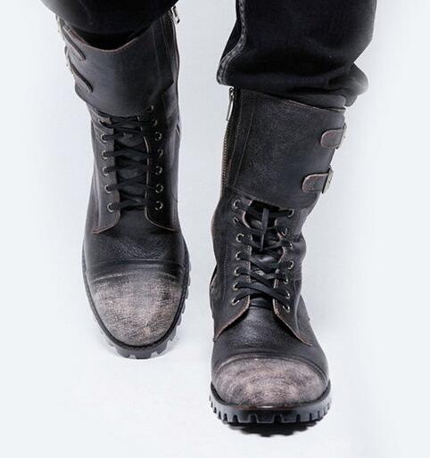 Winter Boots Men Cowboy Leather Shoes Men Big Size Boots Zipper Round Toe Motorcycle 2019