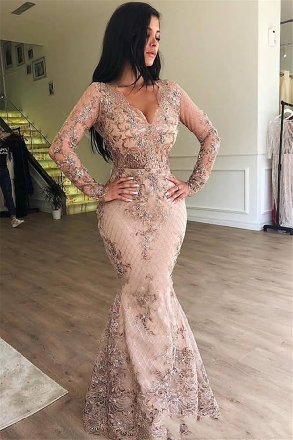 New Long Sleeves Mermaid Prom Dresses Evening Dress V Neck Lace Appliques Sequins Floor Length Overskirts Train Formal Evening Gowns Wear