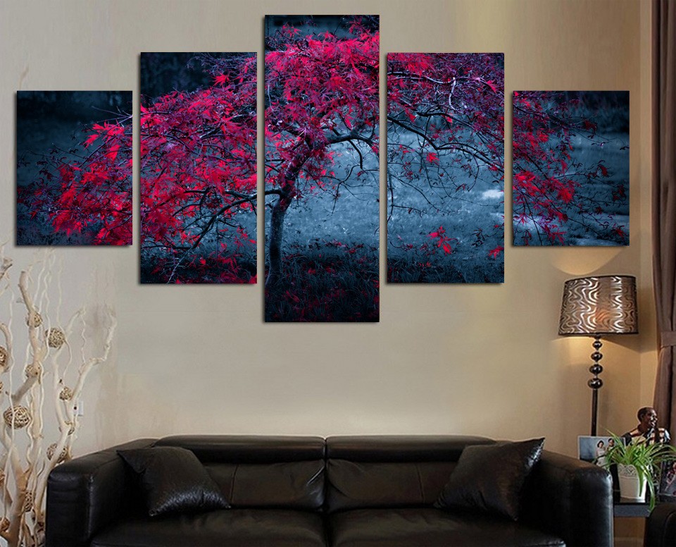 Canvas Pictures Wall Art Home Decor HD Prints 5 Pieces Tree Leaves Purple Autumn Paintings Living Room Abstract Poster No Frame