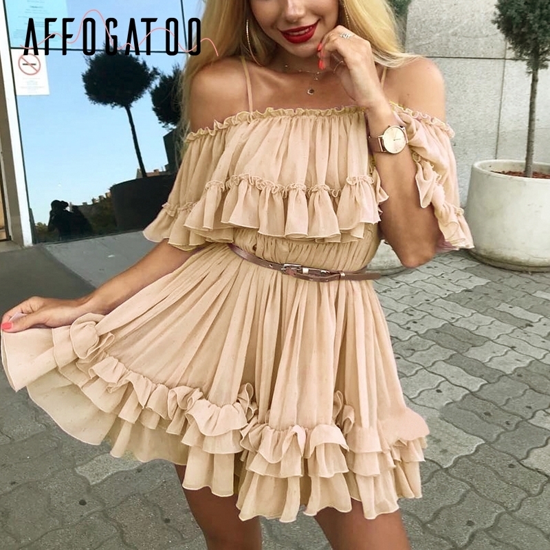 Affogatoo Elegant Ruffle Off Shoulder Strap Summer Pink Dress Women Casual Chiffon Pleated Blue Dress Loose Holiday Short Dress Y190514