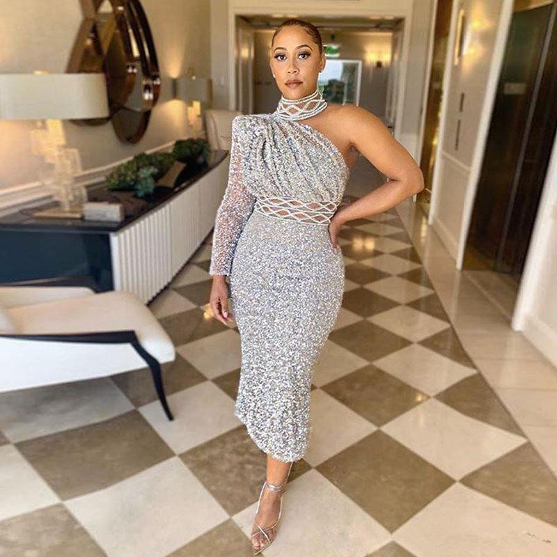 Silver One Shoulder 2020 Sequined Prom Dresses Ruched Tea Length Cocktail Party Gown Mermaid Short Homecoming Dress