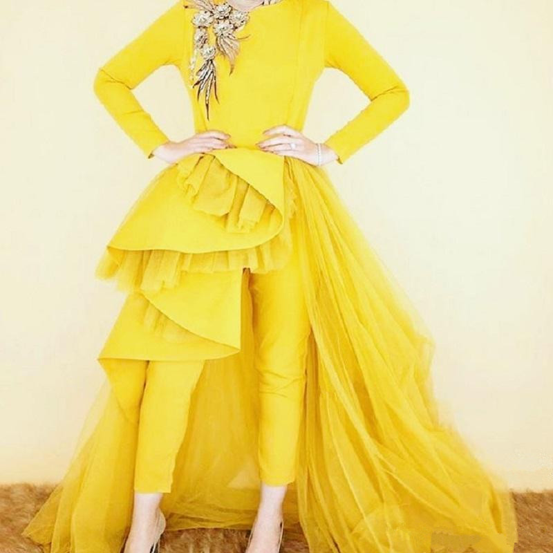 Modest Yellow 2020 Jumpsuits Prom Dresses With Detachable Train Jewel Neck Women Formal Wear Evening Gowns Black Girl African vestido, Same as picture
Modest Yellow 2020 Jumpsuits Prom Dresses With Detachable Train Jewel Neck Women Formal Wear Evening Gowns Black Girl African vestido, Same as picture