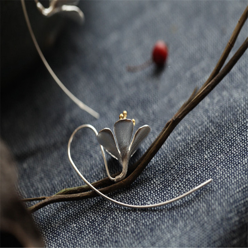 Authentic 925 Sterling Silver Flower Long Tassel Earrings For Women Thai Silver Drop Earring Lady Sterling-Silver-Jewelry
