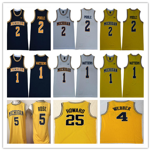 2019 NCAA College Michigan Wolverines 1 Charles Matthews 5 Jalen Rose 2 Jodan Poole 4 Chris Webber Juwan Howard Glen Rice Basketball Jerseys