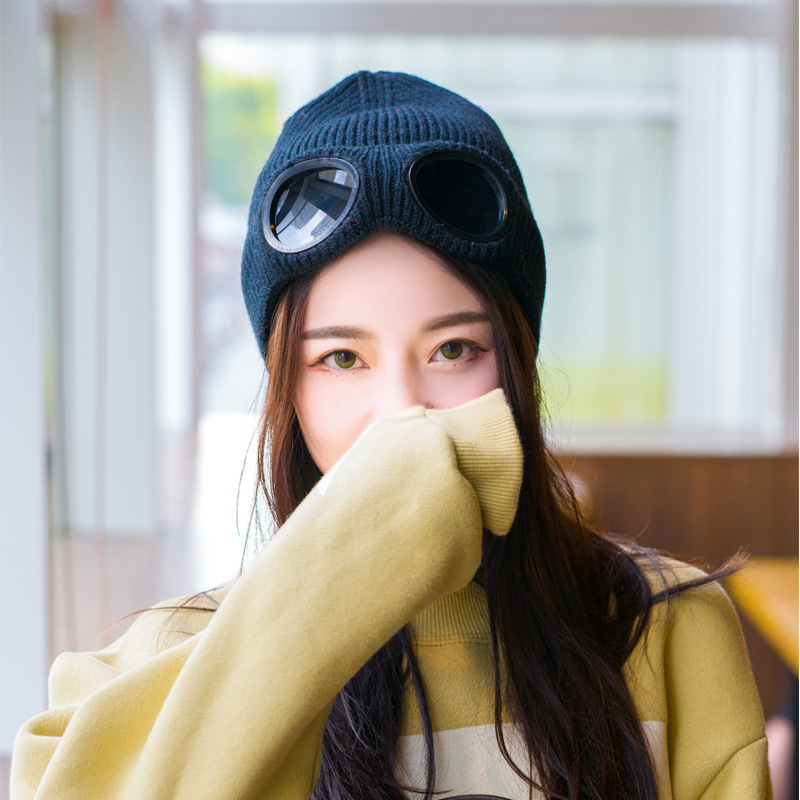 Women Men Double-use Thickened Hats Winter Warm Knitted Beanies Outdoor Ski Cap Sunglasses Accessories Adult Cap