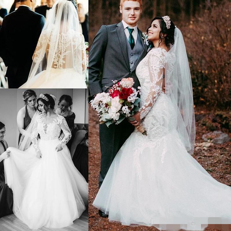 Long Sleeves Mermaid Dresses Lace Applique Illuions Covered Buttons Back Tulle Sheer Neck Sweep Train Plus Size Country Wedding Gown