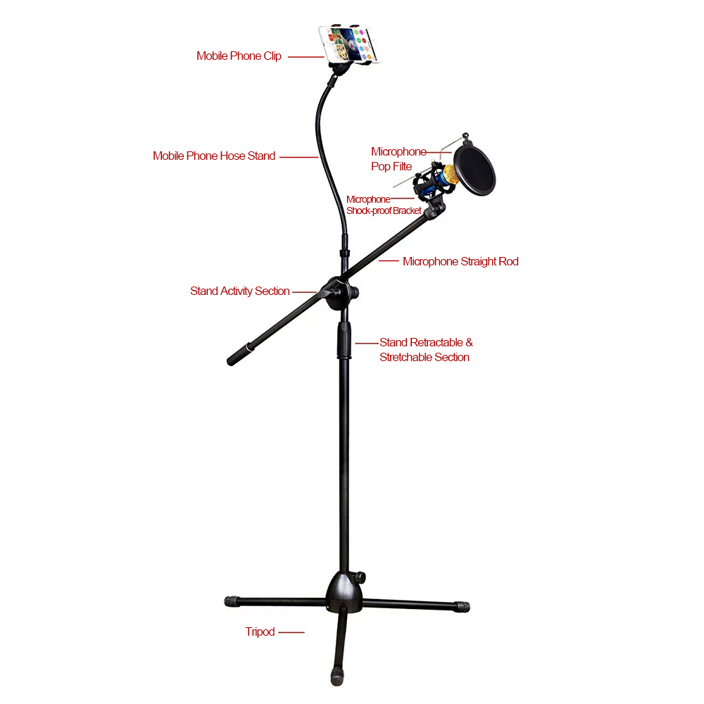 Tripod Microphone Stand Bracket Supporter W/ Shock-proof Mount Mic Pop Filter Mobile Phone Holder for Podcast Broadcast Chatting