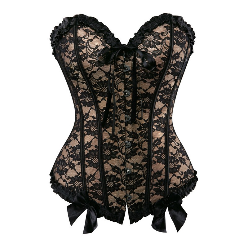 Elegant Women's Lace Overlay Jacquard Frill Lacy Corset Top Sexy Plus Size S-6XL Burlesque Lace-up Overbust Club Dance Party Corset Bustier