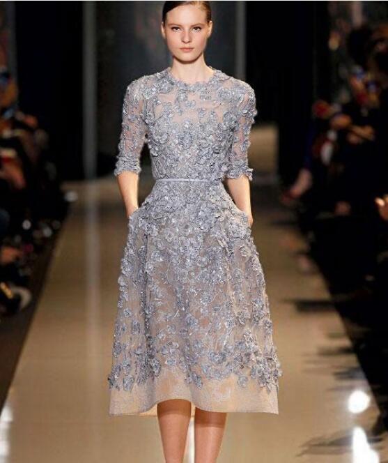 Modern Gray-Blue Mother of the Bride Dresses Half Sleeve 3D Appliques Wedding Guest Gowns Tea Length Women Formal Evening Wear