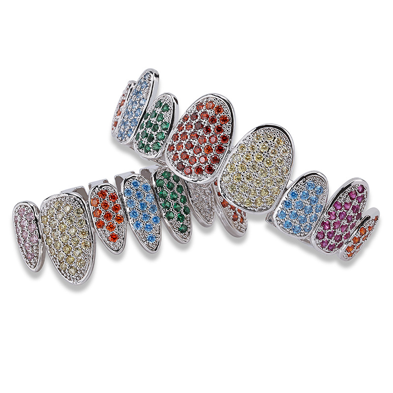 Gold & White Gold Full CZ Cubic Zirconia Iced Out Vampirt Teeth Grillz Irregular Colorful Diamond Fangs Grills Hip Hop Halloween Teeth Caps