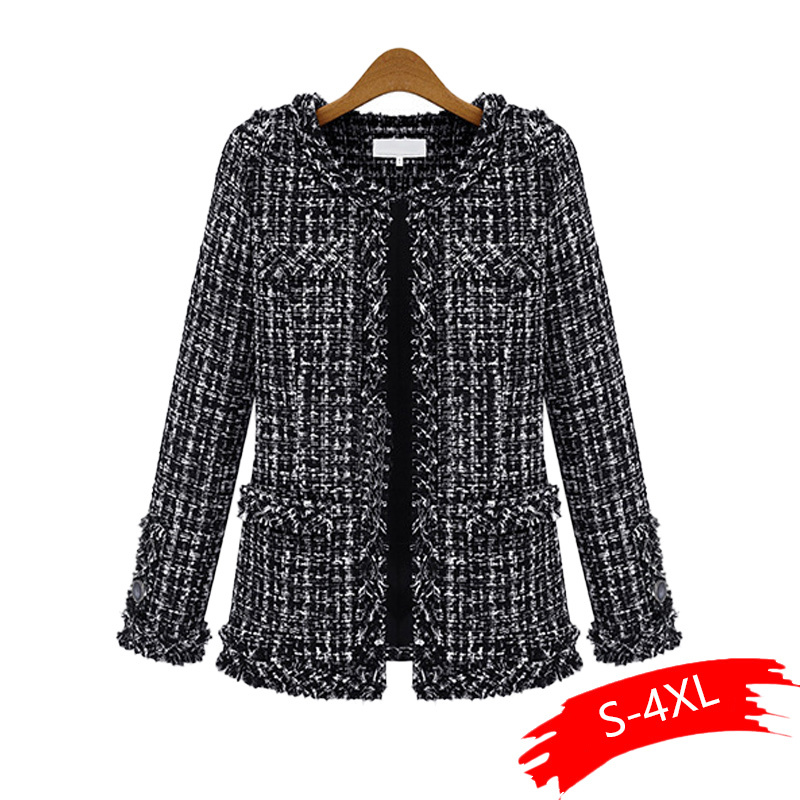 Women Plaid Jacket Outerwear 2020 Women Fashion Coat Autumn Winter Thin Black Checkered Tweed Casual T200111
