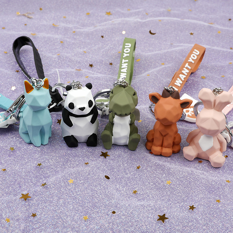 Cute Cartoon Key Rings 3D Keychains Creative Geometric Faceted Dinosaur Panda Rabbit Cat Res Animal Doll Couple Car Keyrings Chain Bag Charm