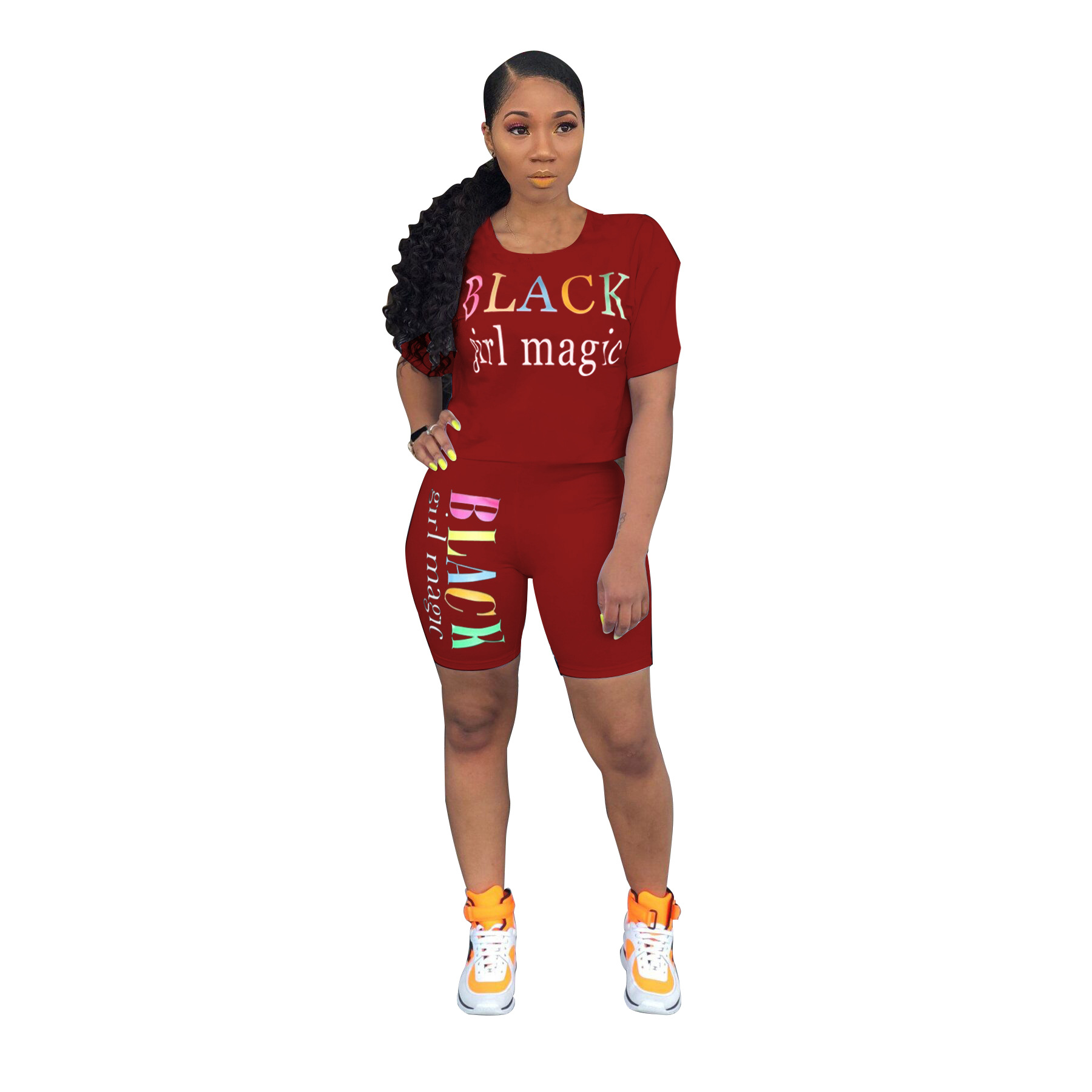 Spot Tracksuits European and American spring summer round neck short sleeve letter printed casual sports suit female