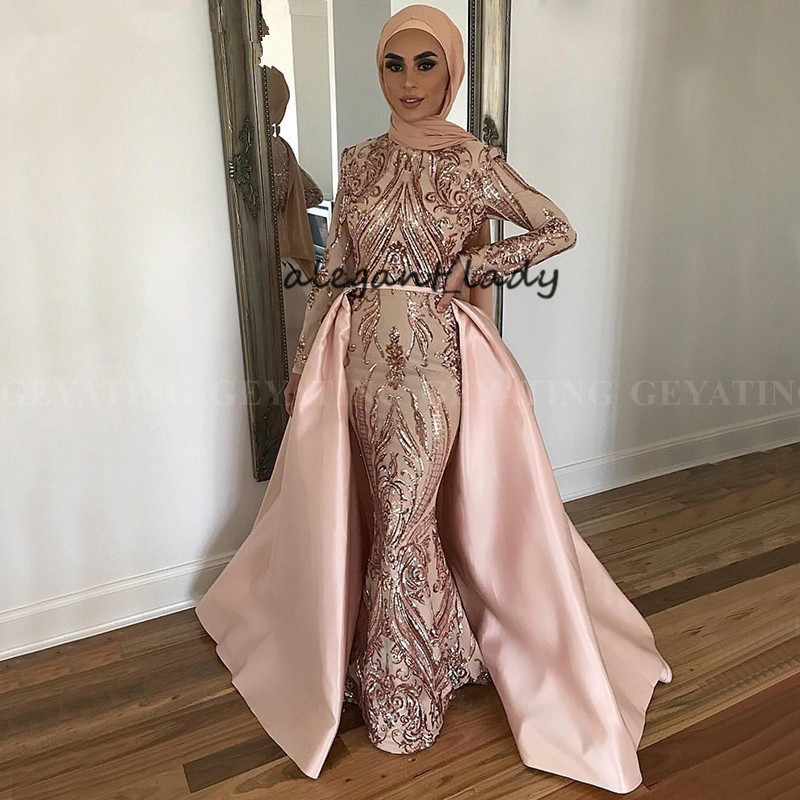Saudi Arabia Long Sleeves Mermaid Muslim Evening Dress with Detachable Train Rose Gold hunter Sequin Kaftan Dubai Prom Formal Dresses