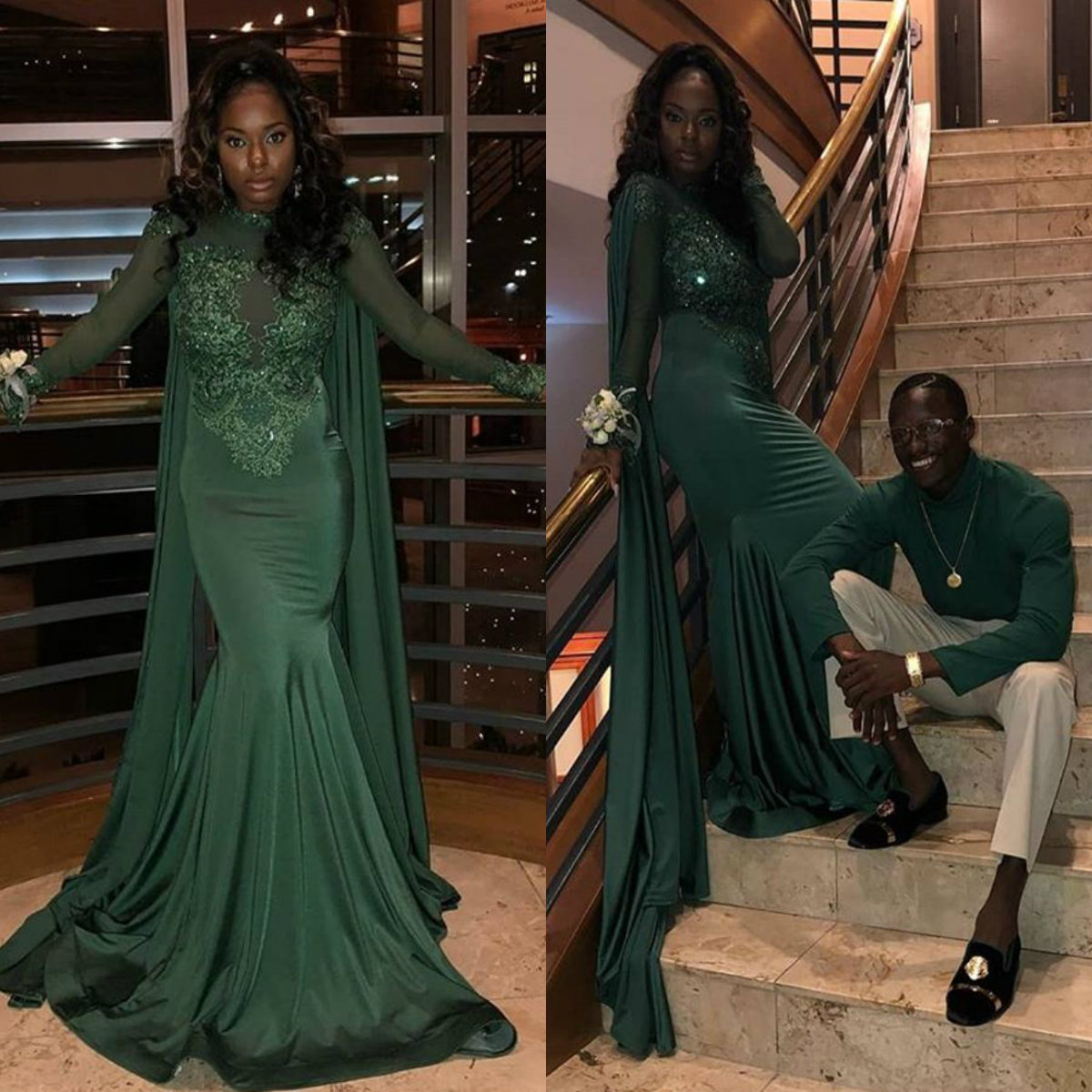 Emerald Green Mermaid Prom Dresses Arabic Dubai Long Sleeve Lace Appliques Illusion Sequined Evening Dress Black Girls Formal Party Dresses