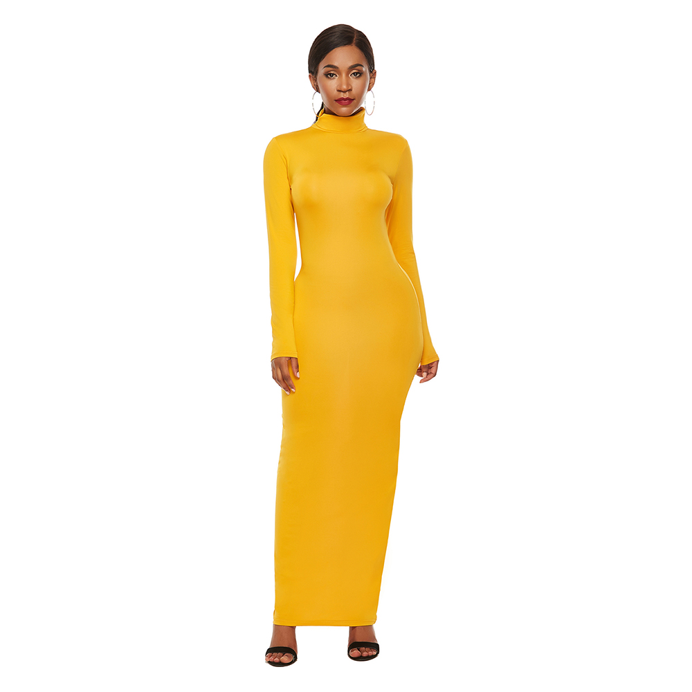 Long Bodycon Autumn Winter Casual Dresses Sheath Women Solid Color Slim Turtleneck Maxi Dress Plus Size