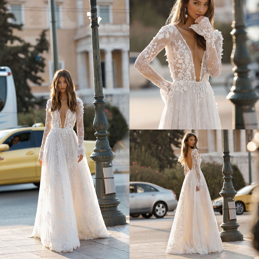Berta 2019 Beach Wedding Dresses Long Sleeve Sheer V Neck Lace Appliqued Bohemian Backless Bridal Gowns Bride Boho Wedding Vestidos De Novia