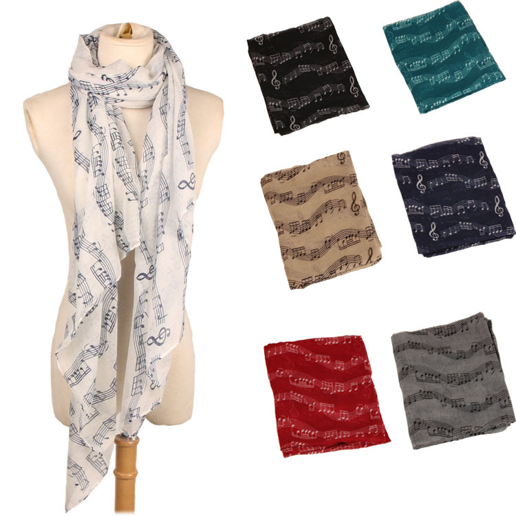 Female Women Lady Fashion Musical Note White Chiffon Printed Neck Scarf Wrap Shawl Accessories winter scarf