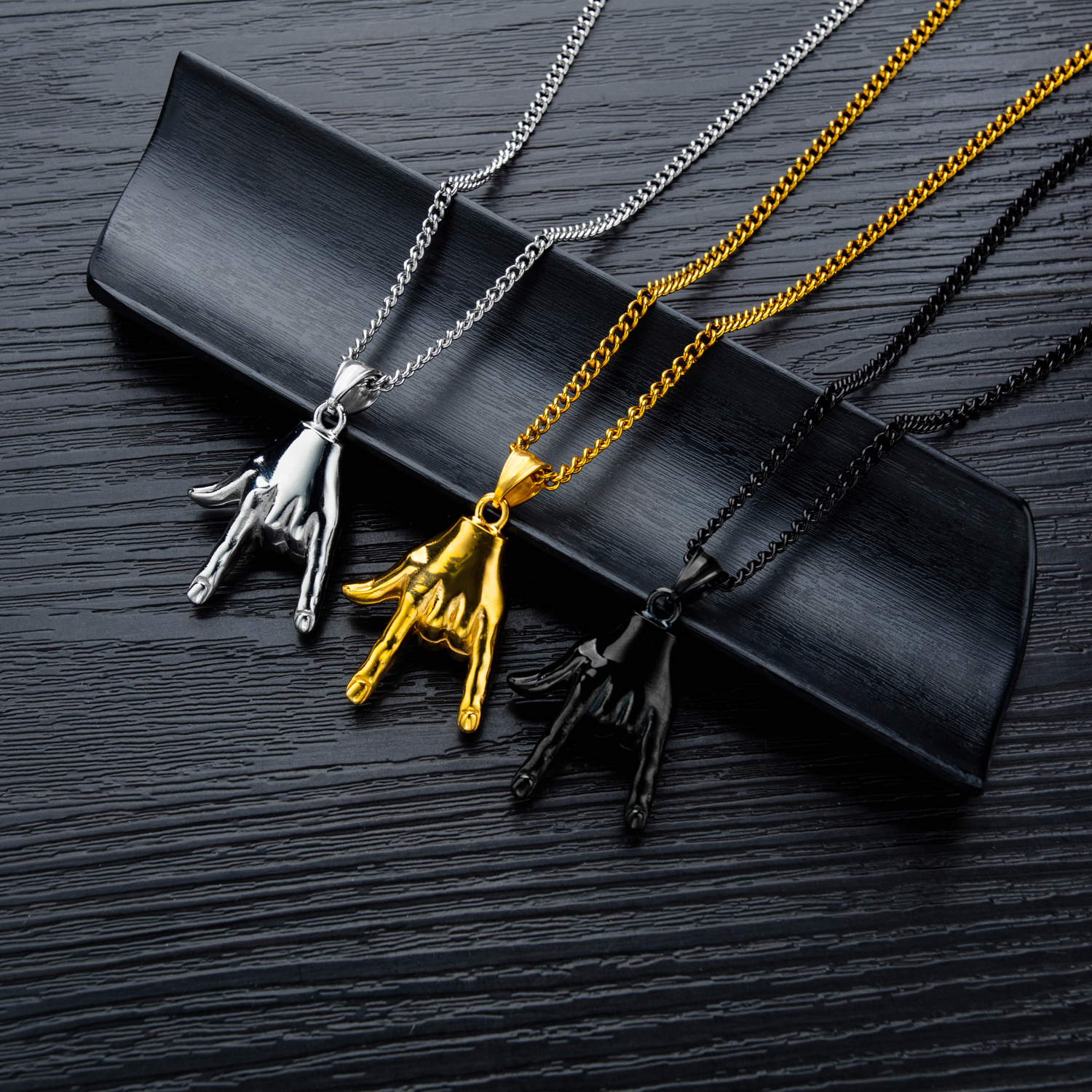 Mens I LOVE YOU Gesture 316L Stainless Steel Pendant Necklace 18K Gold Plated Charm Pendants Jewelry