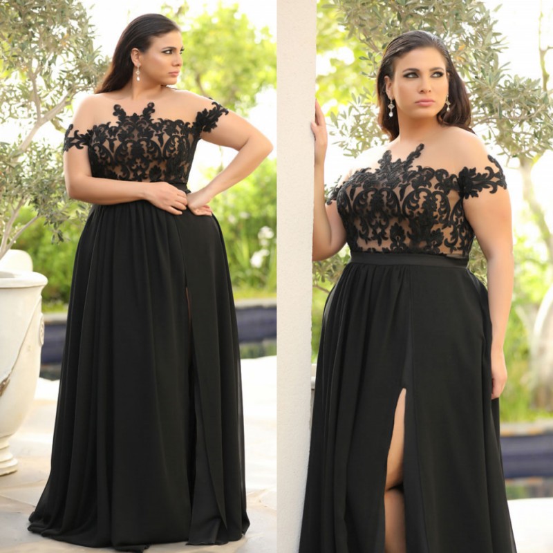 Fahion Lack Plu Size Lace Prom Dree Sheer Ateau Neck Side Split Evening Gown Or Length Chiffon A E Formal Dre
