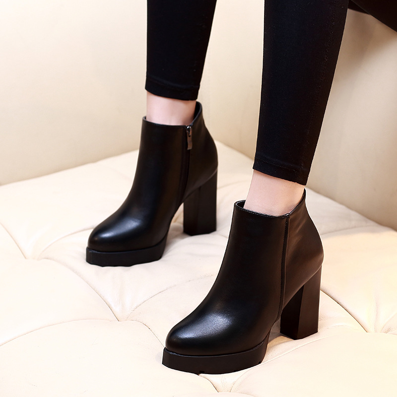 Hot Sale-Autumn Winter Women Ankle Boots High Heels Chunky Heels Platform PU Leather Short Booties Black Ladies Shoes Good Quality