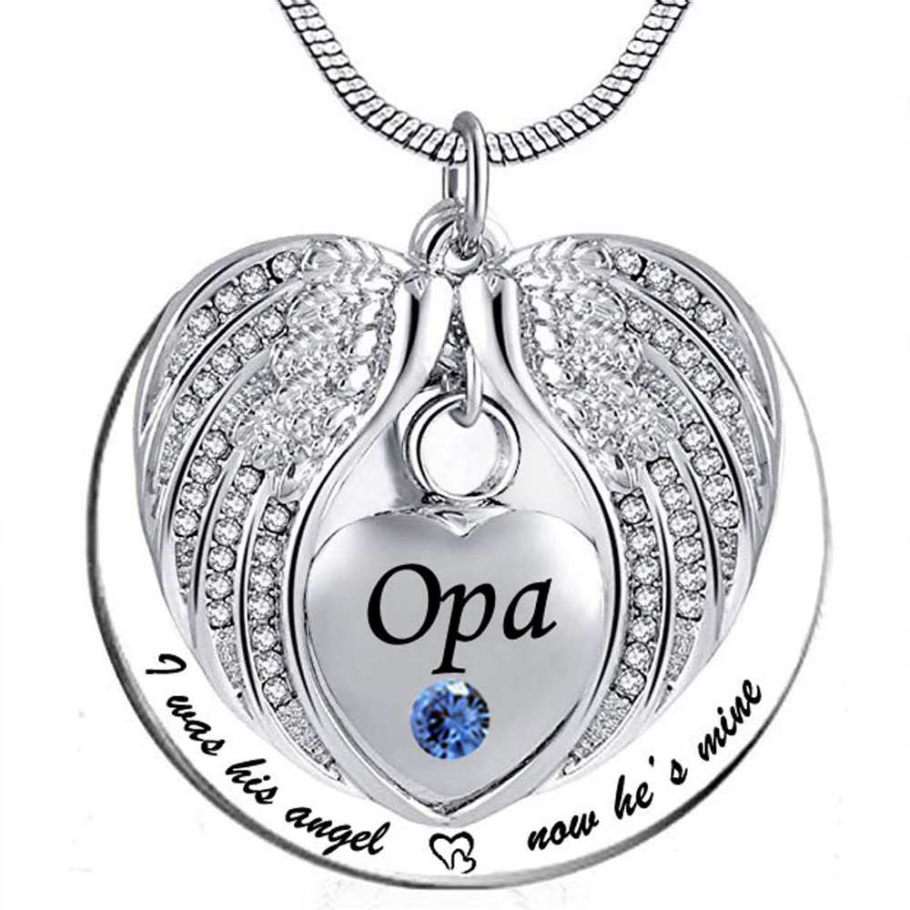 Unisex Angel Wing Birthstone Memorial Keepsake Ashes Urn Pendant Necklace 'i used to be his angle, now he's mine'- Opa
Unisex Angel Wing Birthstone Memorial Keepsake Ashes Urn Pendant Necklace 'i used to be his angle, now he's mine'- Opa