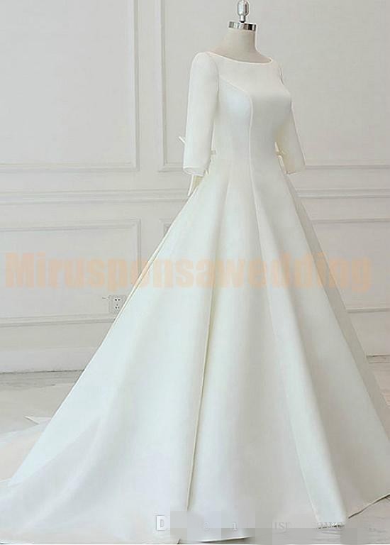2020 Simple Satin Wedding Dresses 3/4 Long Sleeves Bow Lace Up Back Cathedral Train Wedding Gown Custom Made Vestido de novia