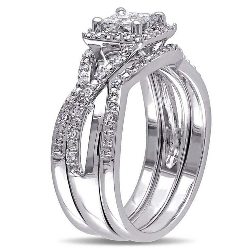 Vintage Fashion Jewelry 925 Sterling Silver Princess Cut White Topaz CZ Diamond Gemstones Trendy Party Women Wedding Bridal Ring Set Gift