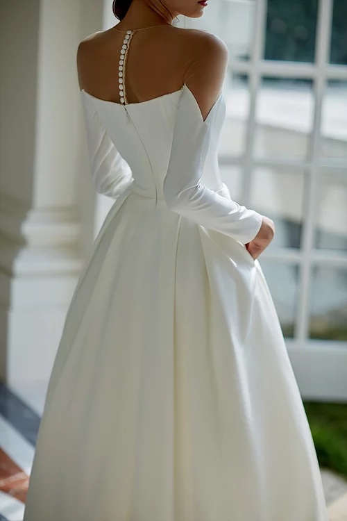 2019 Elegant Simple Wedding Dresses Off The Shoulder A Line Sweep Train Satin Long Sleeve Beach Wedding Dress Custom Made Bridal Gowns