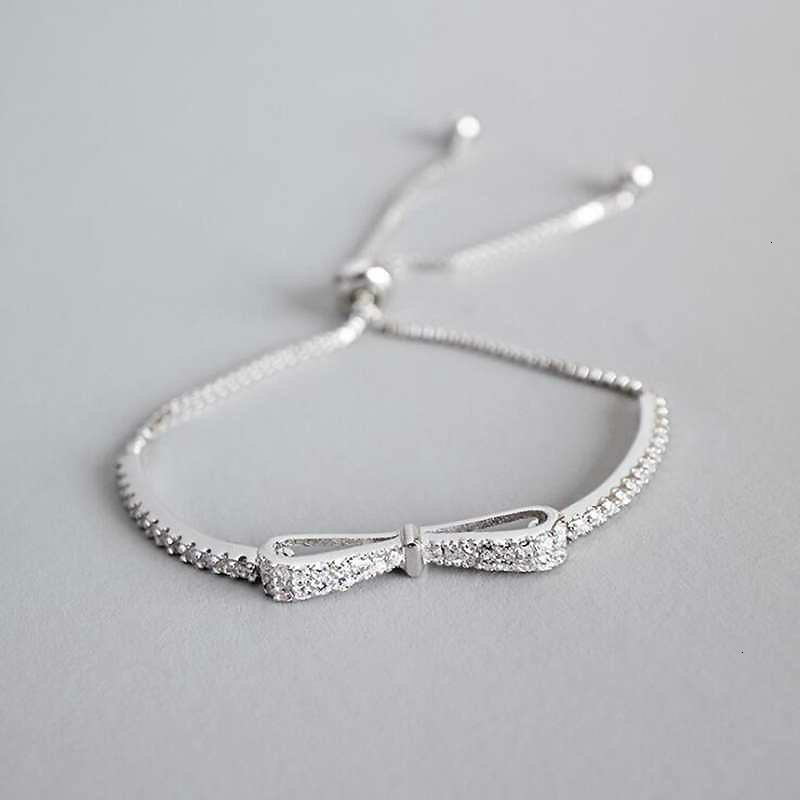 Wholesale-Women Fashion Chain Bowknot Sterling Silver Charms Bracelet Ladies Cubic Zircon Bracelets Female Jewelry