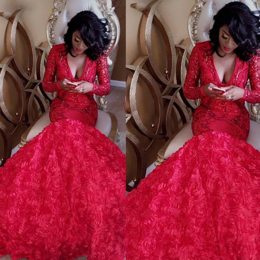 Mermaid Prom Dresses Deep V Neck Lace Appliques Sparkly Sequins Hand Made Flowers 3D Red Evening Dresses Long Sleeve Formal Party Gowns