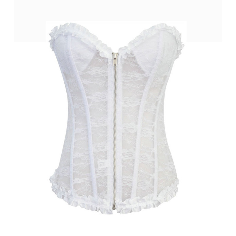 Lace Mesh Zipper Overbust Corset Women Fashion Padded Underwire Cups with Pleated Ruffle Trim Sexy Lace-up White Bridal Corset