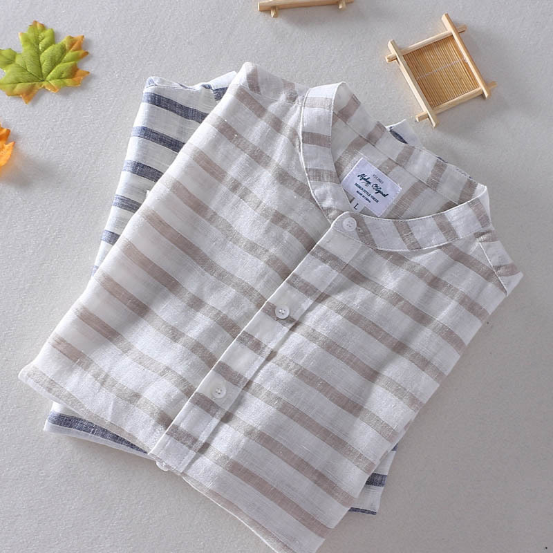 Schinteon 100% Pure Linen Striped Summer Shirt Men Breathable Stand Collar Short Sleeved Casual Shirt Comfortable New