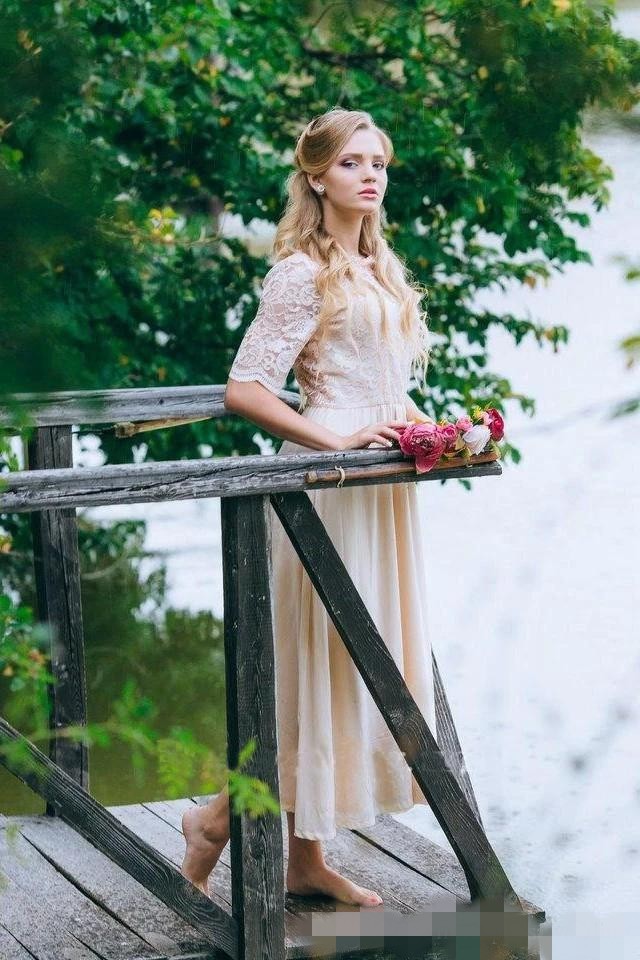 Short Lace Sleeves Dresses Tea Length Chiffon A Line Jewel Neck Custom Made Country Wedding Gown Vestido De Novia