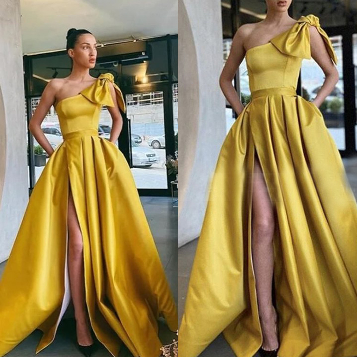 Elegant Evening Dresses One-Shoulder High Side Split Lace Satin Prom Gowns 2020 Custom Made Sweep Train A Line Special Occasion Dress, Light yellow
Elegant Evening Dresses One-Shoulder High Side Split Lace Satin Prom Gowns 2020 Custom Made Sweep Train A Line Special Occasion Dress, Light yellow