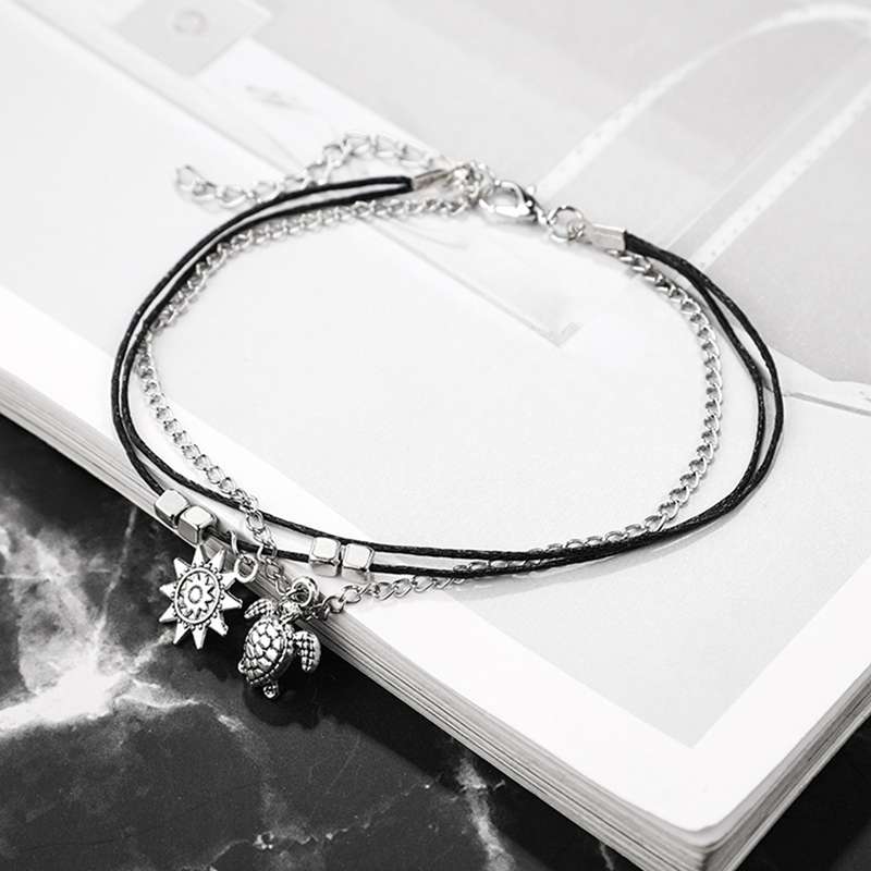 Simple geometric turtle sun animal square beaded black wire rope chain anklet ladies beach tourism