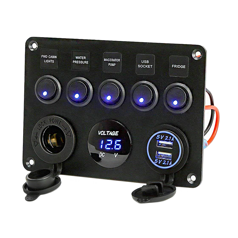 5 Gang Car Boat Dual USB Socket Charger LED Voltmeter 12V Power Outlet ON-OFF Toggle Switch Panel for Car Boat Marine RV Truck
5 Gang Car Boat Dual USB Socket Charger LED Voltmeter 12V Power Outlet ON-OFF Toggle Switch Panel for Car Boat Marine RV Truck