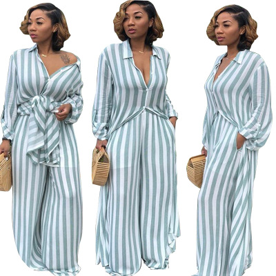Women Casual Two Pieces Sets Long Sleeve Striped Blouse and Elastic Waist Wide Leg Pants Tracksuit Femme 2 Pieces Outfits
