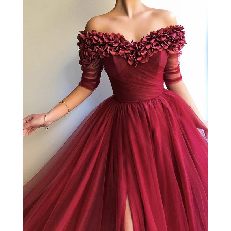 Elegant 3D Flower Prom Dresses Off Shoulder Half Sleeve Ruffles Evening Gowns Side Split Tulle Party Runway Fashion Dress