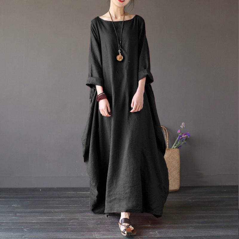 Casual Dresses ZANZEA 2021 Women's Sundress Vintage Linen Long Dress Female Beach Party Maxi Batwing Sleeve Baggy Vestidos Kaftan Robe1