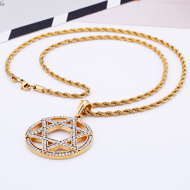 Men's Hip Hop Six-star Pendants Necklace 316L Stainless Steel Full Cubic Zirconia Setting 18K Gold Plated Jewelry