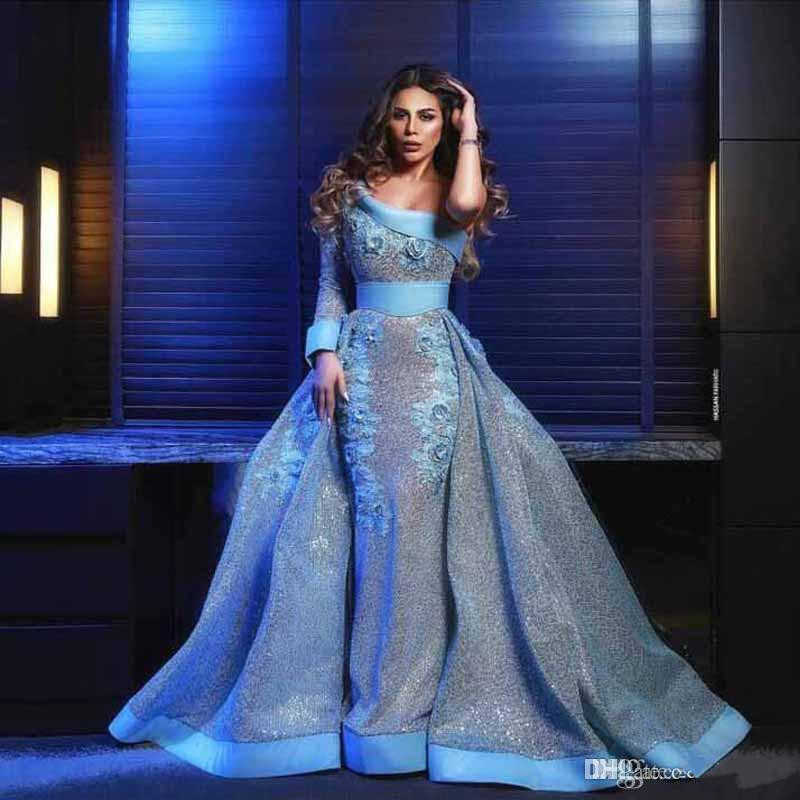 fashion one shoulder prom dresses vestidos de fiesta appliqued lace 3d flowers long sleeve mermaid evening dresses with overskirt