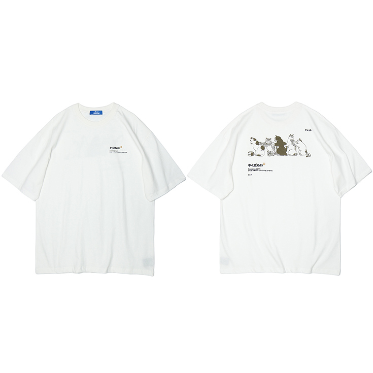 2020 Men Hip Hop T Shirt Streetwear Japanese Kanji Harajuku Funny Cat T-Shirt Summer Short Sleeve Tops Tees Cotton Print Tshirts